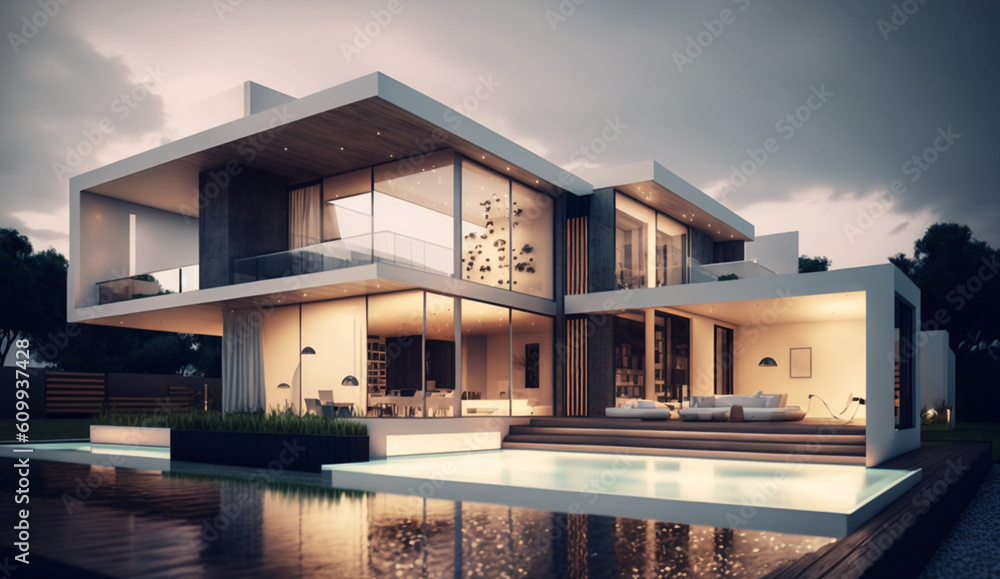 Modern architecture design house building exterior, author's design design of modern creative housing, with large spacious windows, pool and balcony, ambient lighting, generated ai