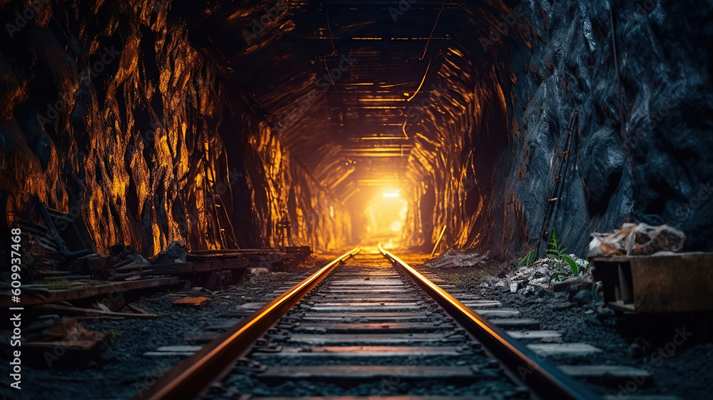 Naklejka premium train track in a tunnel. Generative Ai