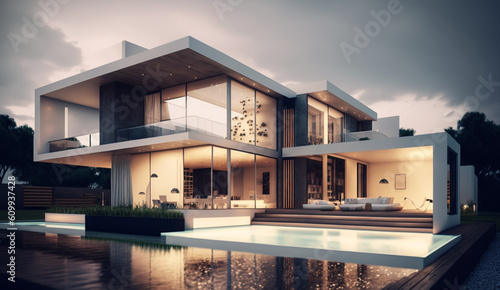 Modern architecture design house building exterior, author's design design of modern creative housing, with large spacious windows, pool and balcony, ambient lighting, generated ai © Creative Team
