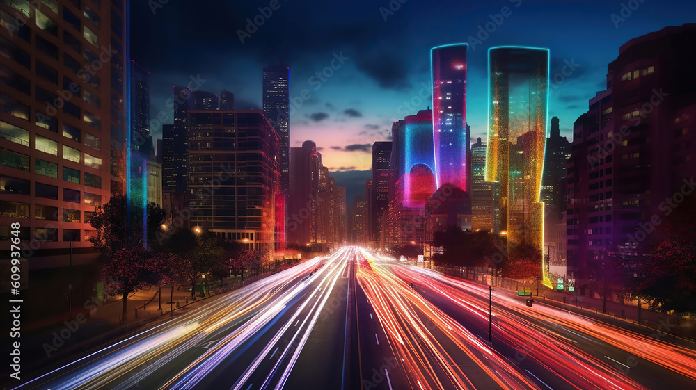Bands of light running through a modern city. Generative Ai