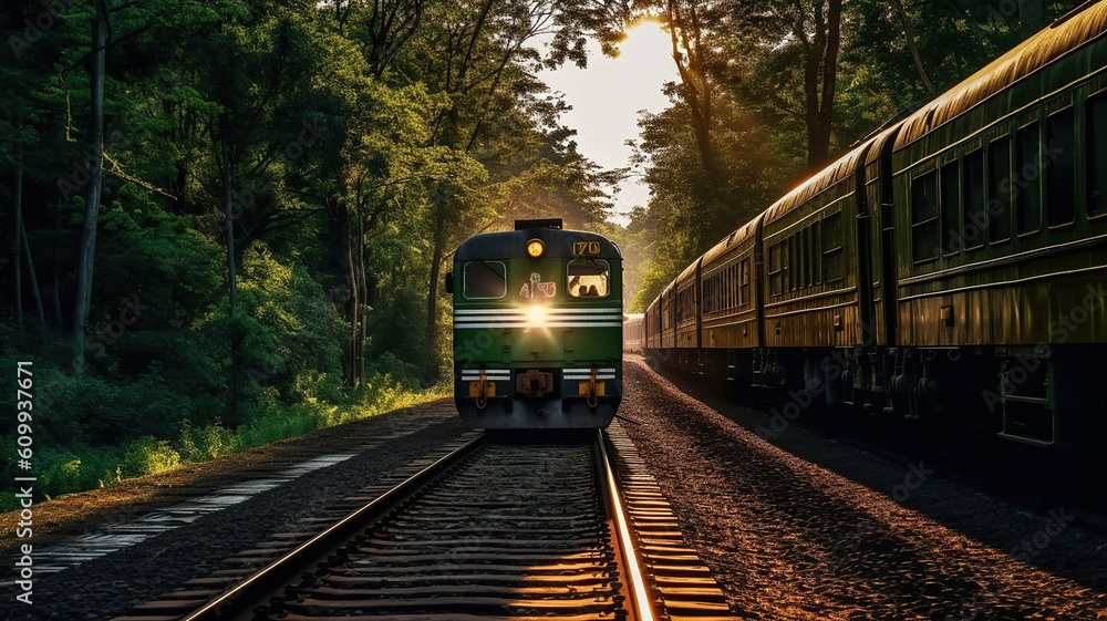 Naklejka premium a train traveling down train tracks next to a forest. Generative Ai