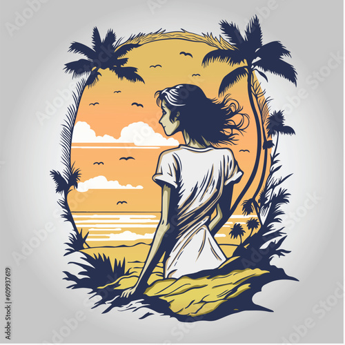 Beautiful Woman Silhouette in the Beach Summer Time Illustration (ID: 609937619)