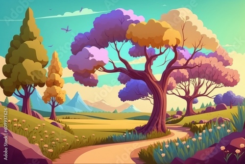 spring landscape background with trees cartoon style  Generative ai