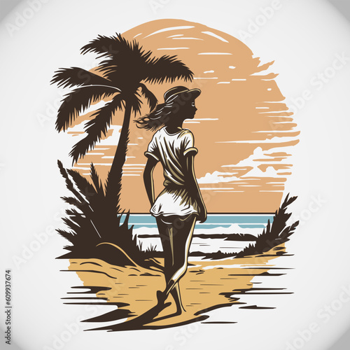 Pretty Girl Walking in Beach at Sunset Beach Summer Illustration (ID: 609937674)