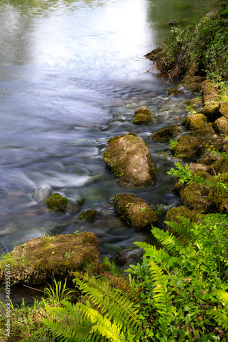 Karst source in natural reserve of “Hönnetal“ (Hoenne valley) in Sauerland Germany. Water streaming out of a cave spring from an underground part of Hönne river. Mosses and ferns growing in springtime photo