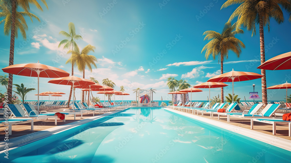 Luxurious beach resort with swimming pool and beach chairs or loungers under umbrellas with palm trees and blue sky. Generative Ai Luxurious beach resort with swimming pool and beach chairs or loungers under umbrellas with palm trees and blue sky. Generative Ai