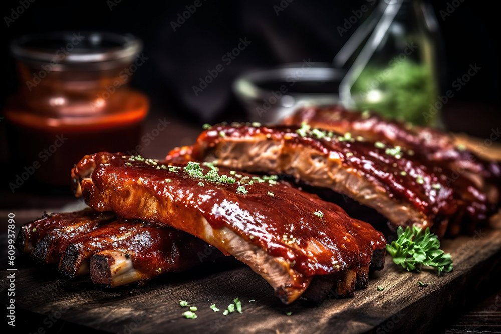 Close-up image of seasoned pork ribs on a bbq.