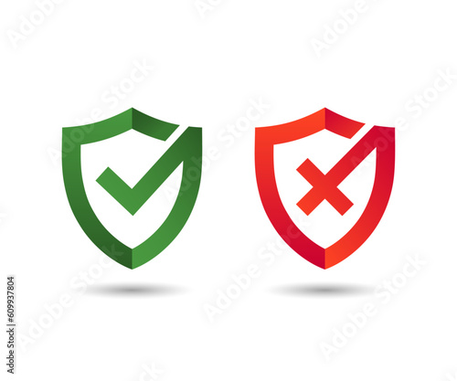 Shield check mark and cross mark icons set. Red cross and green check mark on the shield