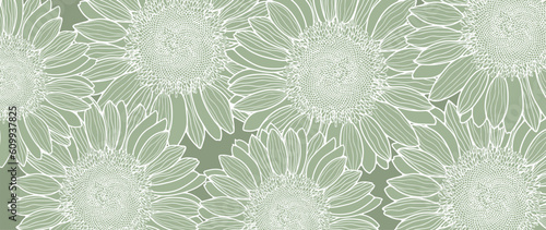 Green floral abstract background with sunflowers. Background for decor, covers, postcards, business cards, social media posts, wallpapers, floral print.