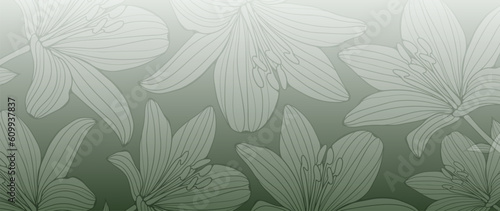 Green gradient floral abstract background with lilies. Background for decor, covers, postcards, business cards, social media posts, wallpapers.