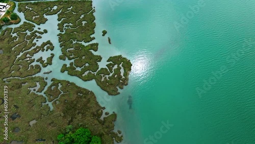 Dramatic aerial view of Drin river in Albania . photo