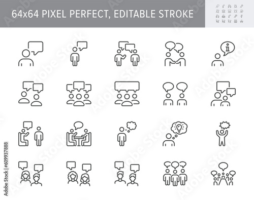 Talking people line icons. Vector illustration include icon - teamwork, business agreement, teamwork, discussion outline pictogram for meeting communication. 64x64 Pixel Perfect, Editable Stroke