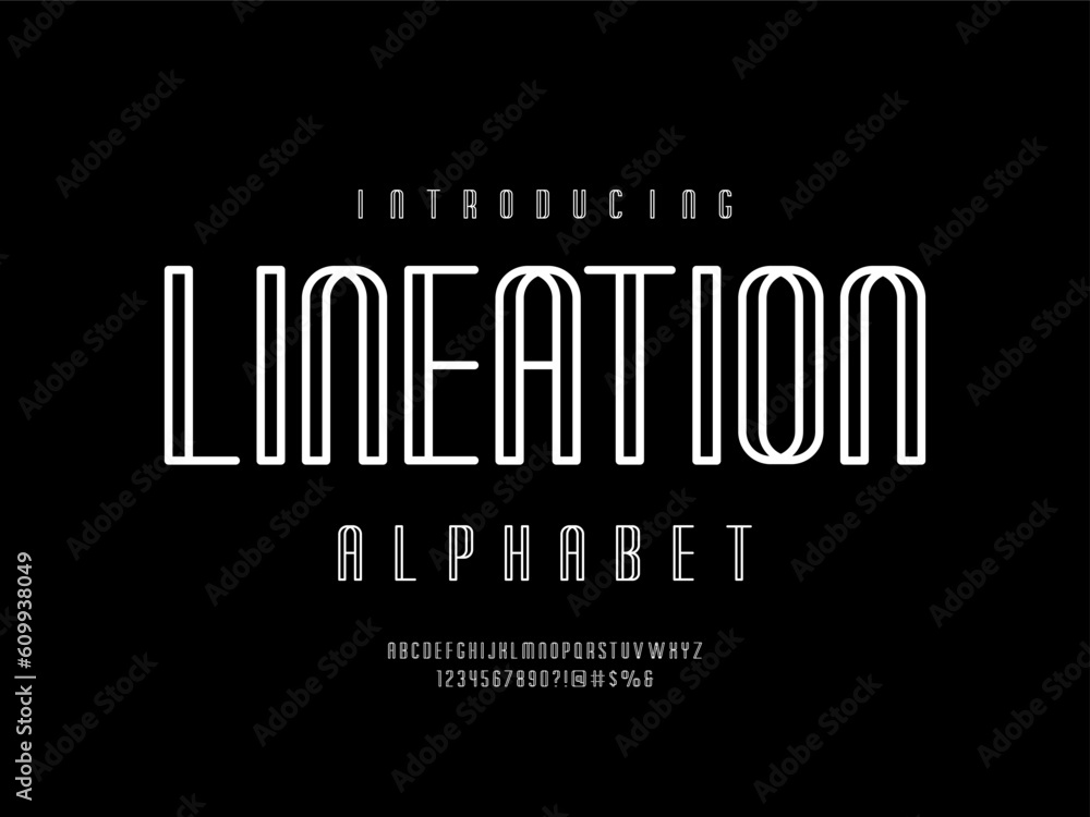 Vector of modern stylized alphabet design with uppercase, numbers and symbols