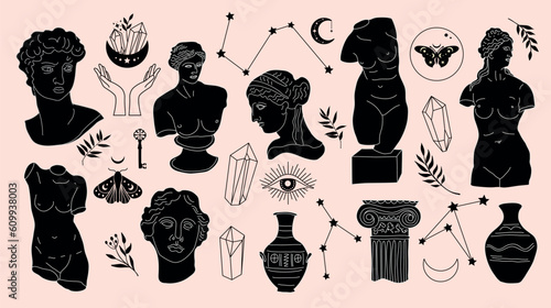 Greek ancient sculpture mystic set. Hand drawn illustrations of antique classic statues in trendy bohemian style. Boho tattoo art. Heads, branch, vase, column, hands, body, stars.