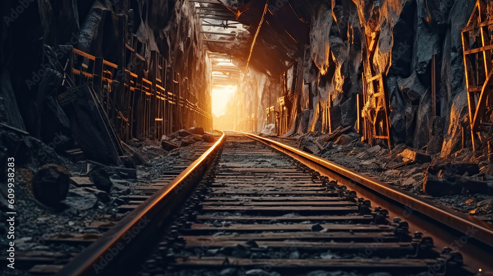 Naklejka premium train track in a tunnel. Generative Ai