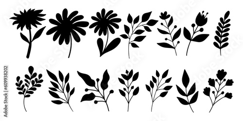 Set of minimal feminine botanical floral branch in silhouette style. Hand drawn wedding herb, minimalistic flowers with elegant leaves.