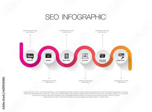 Infographic 6 step SEO and road map for business chart to present data, progress, direction, clean design