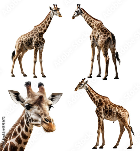 Giraffe, many angles and view portrait side back head shot isolated on transparent background cutout, PNG file,