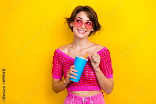 Canvas Print Portrait of adorable gorgeous lady wear trendy clothes hold pepsi cola look empt