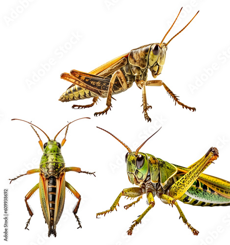 Grasshopper, many angles and view portrait side back head shot isolated on transparent background cutout, PNG file, © Sandra Chia