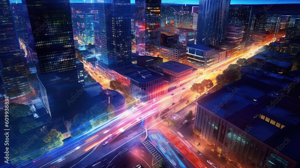 Bands of light running through a modern city. Generative Ai