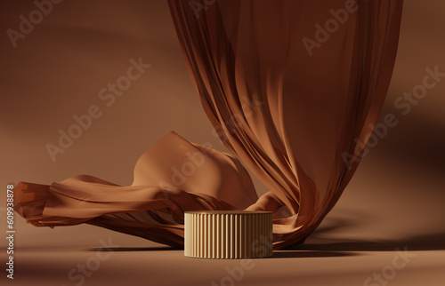 3D display podium brown background. Luxury flying cloth in motion. Glamour minimal gold pedestal for beauty, cosmetic product presentation. Feminine copy space, dark, brown template, studio 3d render