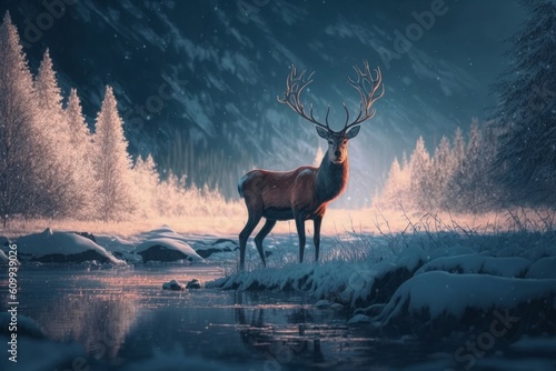 beautiful winter nature with deer, Generative ai © MG