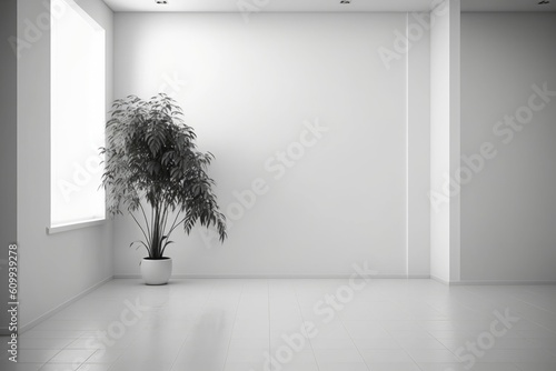 White wall empty room with plants on a floor  Generative ai