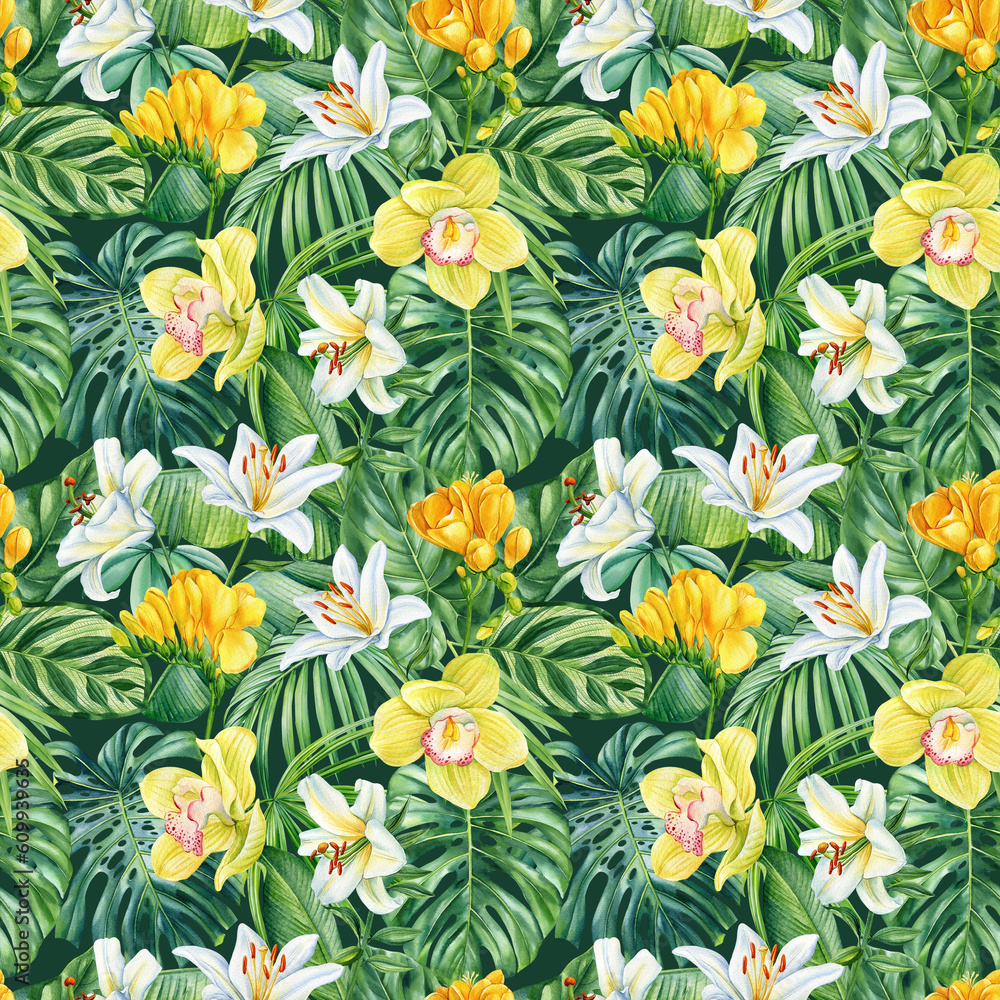 Tropical patterns, Seamless tropical pattern, palm leaves and flowers. Botanical watercolor flora. orchid, lily, freesia