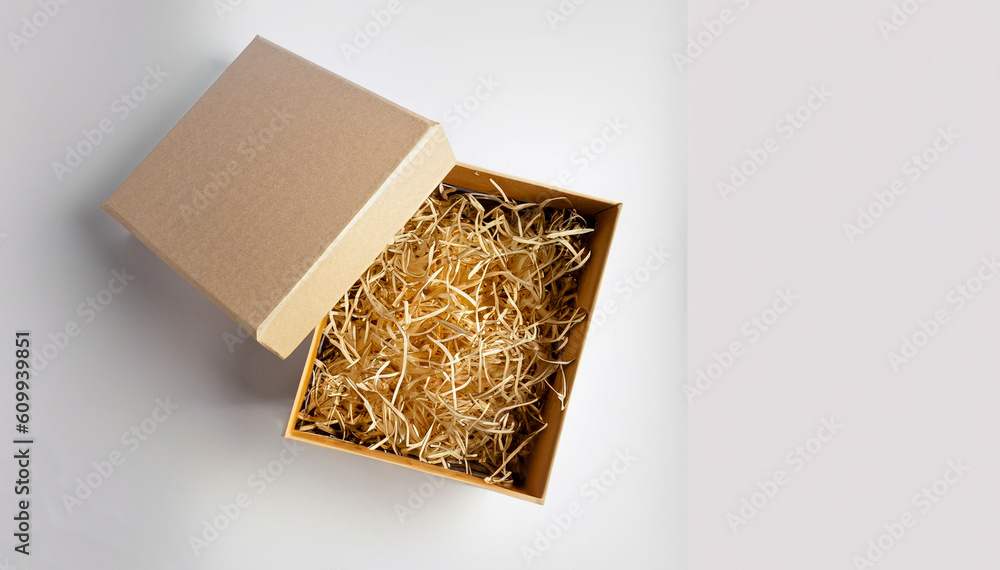Opened gift box with decorative straw, filler, shavings. Top view