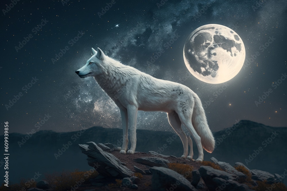 A white wolf stands amidst a starry sky, the moon shining through it's antlers, Generative ai