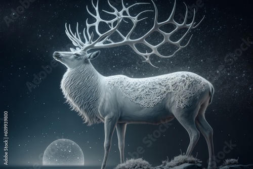 A white stag stands amidst a starry sky, the moon shining through it's antlers, Generative ai