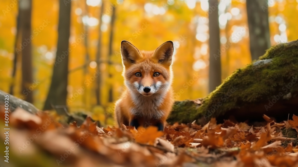 Cute Red Fox in fall forest. Beautiful animal in the nature habitat. Generative Ai Cute Red Fox in fall forest. Beautiful animal in the nature habitat. Generative Ai