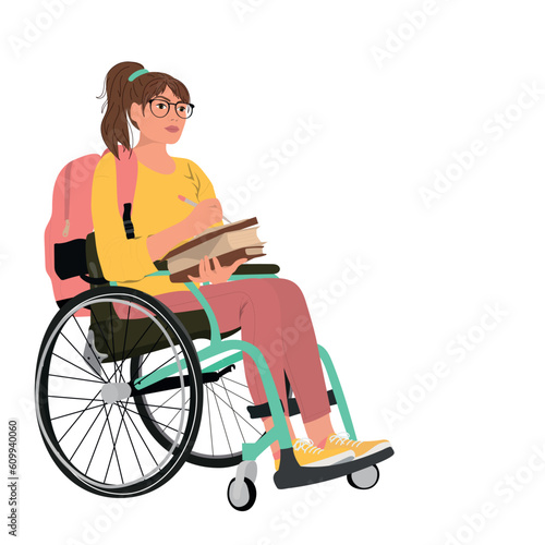 Young student woman in wheelchair. Inclusivity concept. Vector illustration