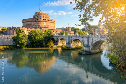 Castle of Holy Angel (Castel Sant'Angelo) and St. Angel bridge (Ponte Sant'Angelo) over Tiber river in Rome, Italy photo