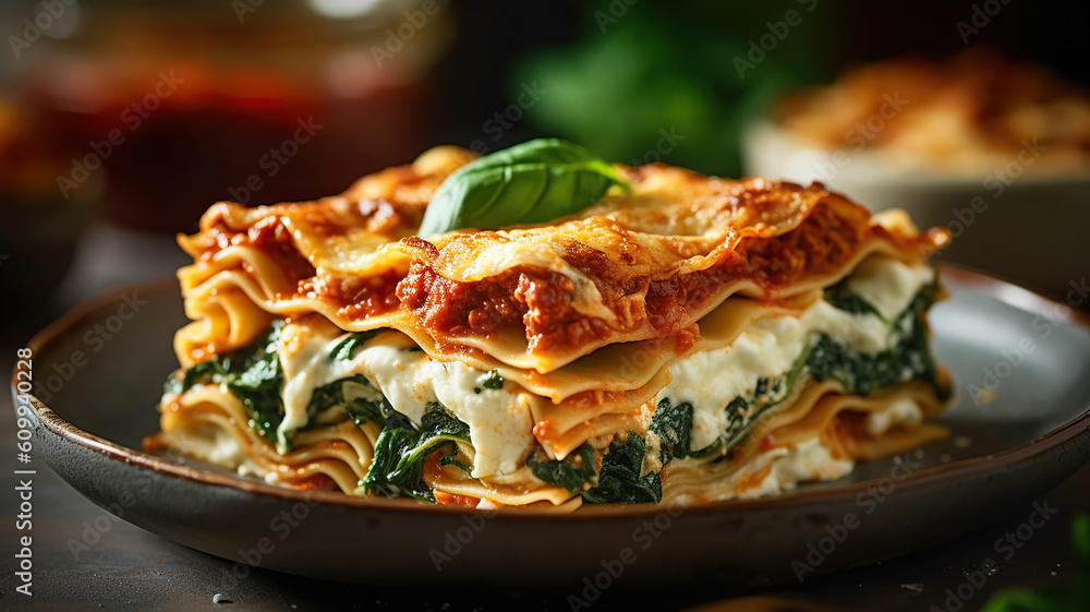 homemade lasagne with ricotta cheese and spinach on wooden table. Generative Ai homemade lasagne with ricotta cheese and spinach on wooden table. Generative Ai