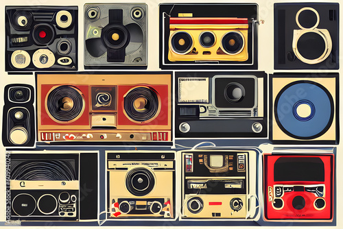 Pop art collage of vintage radios, record players, projectors, vhs recorders, etc. (AI-generated fictional illustration) 