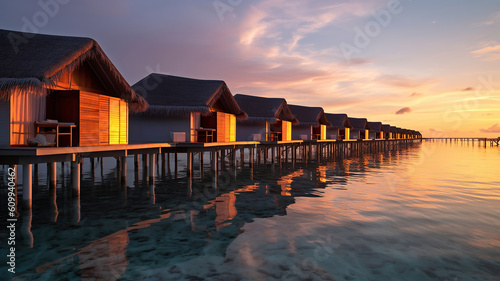view of the water villas at sunrise in the Maldives. Generative Ai © PRI