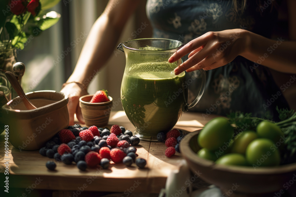 close-up of a woman holding a glass cup of green smoothie with spinach, berries and bananas, Generative AI