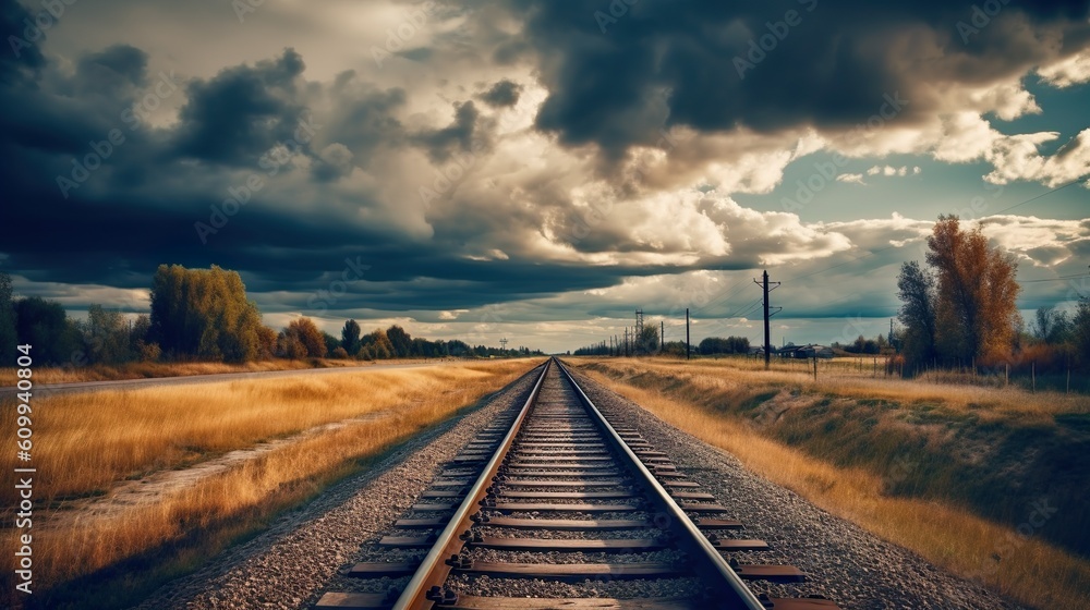 Railroad track and cloudy sky in the countryside made with Ai generative technology Railroad track and cloudy sky in the countryside made with Ai generative technology