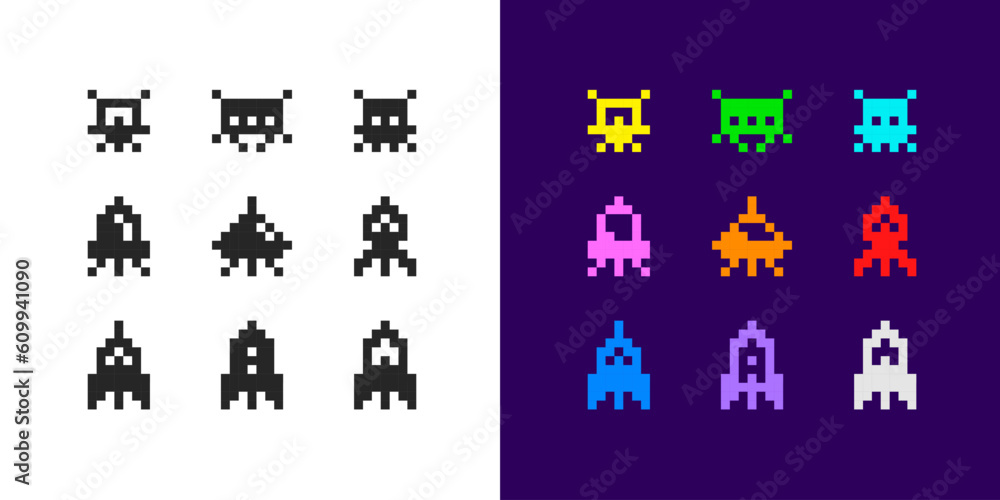 Vector Pixel Art 8-bit space arcade style poster with colorful retro video game icons set of ufo aliens and spaceships 