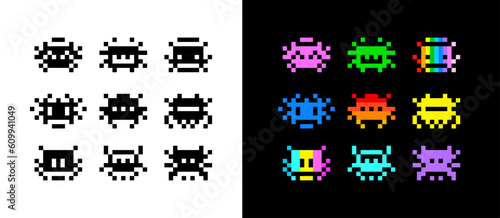 Vector 8-bit space arcade style poster. Pixel Art colorful icons set in retro video game style isolated on white background