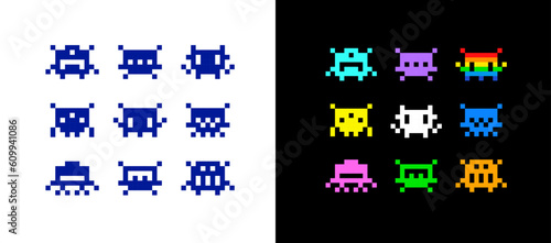 Pixel Art Icons for space arcade game. Simple space pixel icons for geek style print dsgn. Funny UFO aliens and robots in 8-bit retro game style. Vector illustration Isolated on white  background