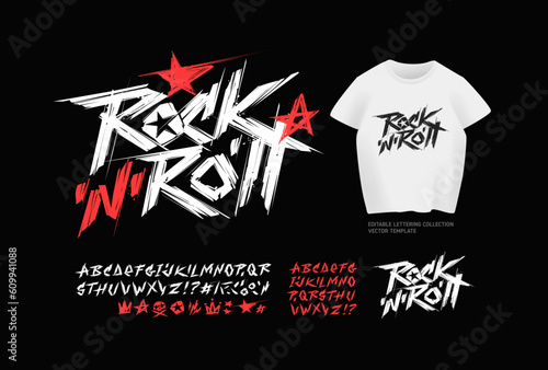 Vector Rock'n'roll tee print design and grunge style type font set. White t-shirt mockup isolated from black background. Punk Rock style type font and letternig collection with doodle style symbols

