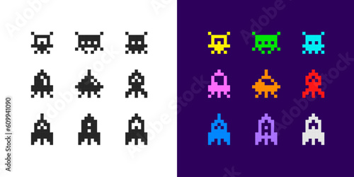 Vector Pixel Art 8-bit space arcade style poster with colorful retro video game icons set of ufo aliens and spaceships 