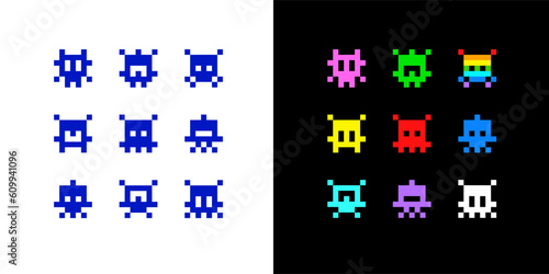 Pixel Art Icons for space arcade game. Simple space pixel icons and symbols for print dsgn. Funny UFO aliens and robots in 8-bit retro game style. Vector illustration Isolated on white  background