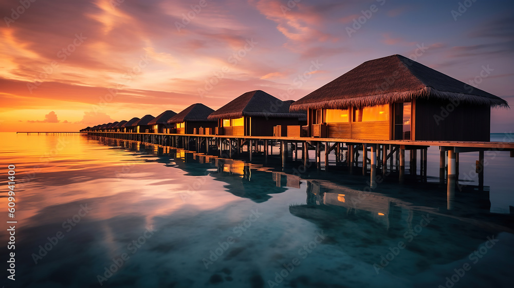 view of the water villas at sunrise in the Maldives. Generative Ai view of the water villas at sunrise in the Maldives. Generative Ai