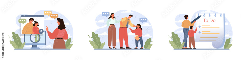 Joint parenting set. Divorced spouses raising a child together. Joint physical
