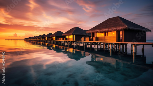 view of the water villas at sunrise in the Maldives. Generative Ai