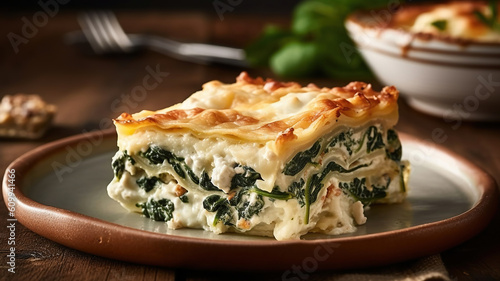 homemade lasagne with ricotta cheese and spinach on wooden table. Generative Ai